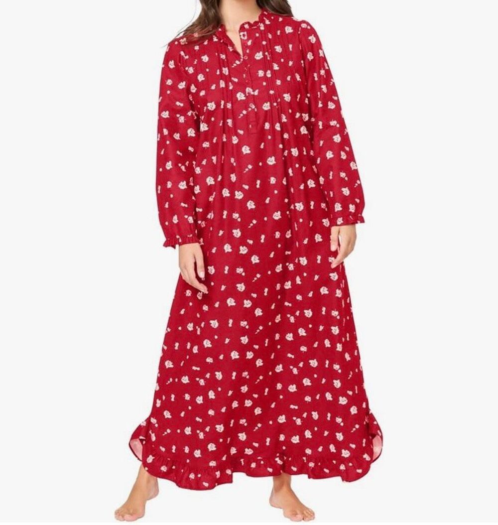 Only necessities women’s long floral, red flannel floral print nightgown L
